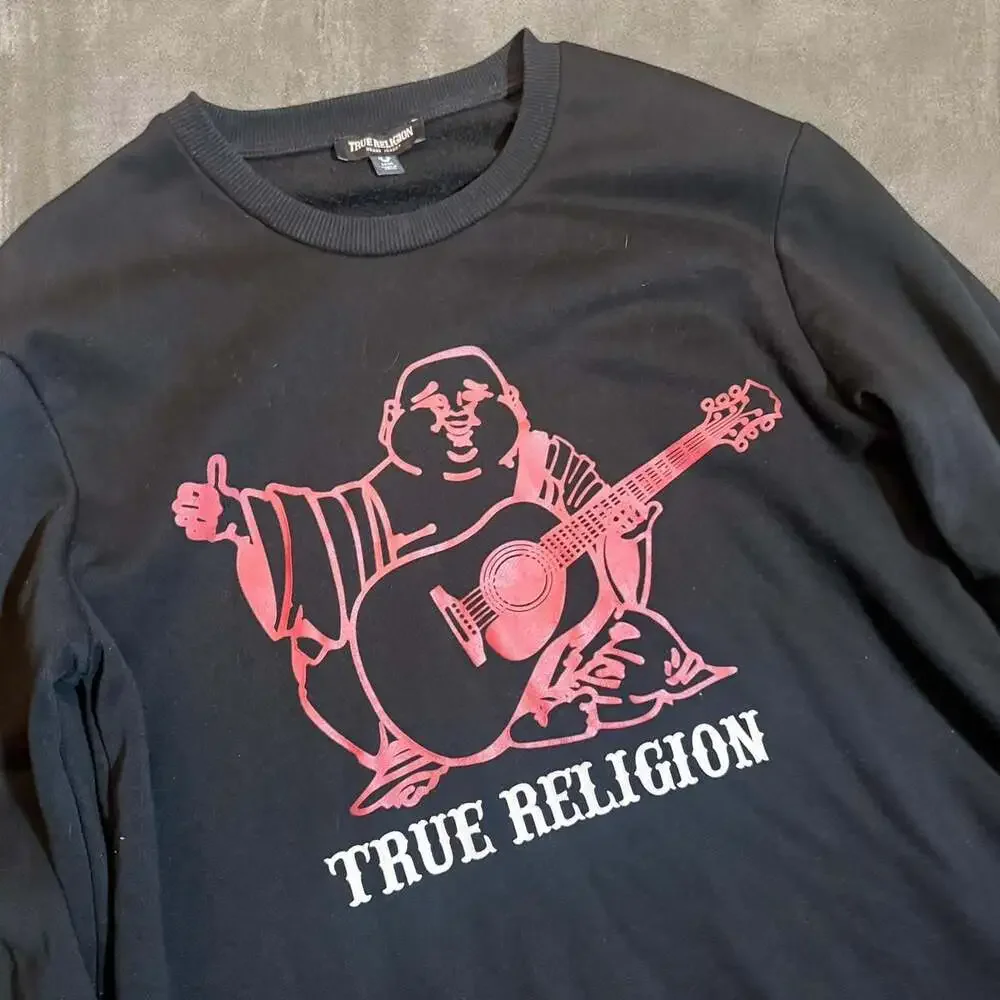 True Religion Buddha Guitar Crewneck Sweatshirt Black Red Graphic